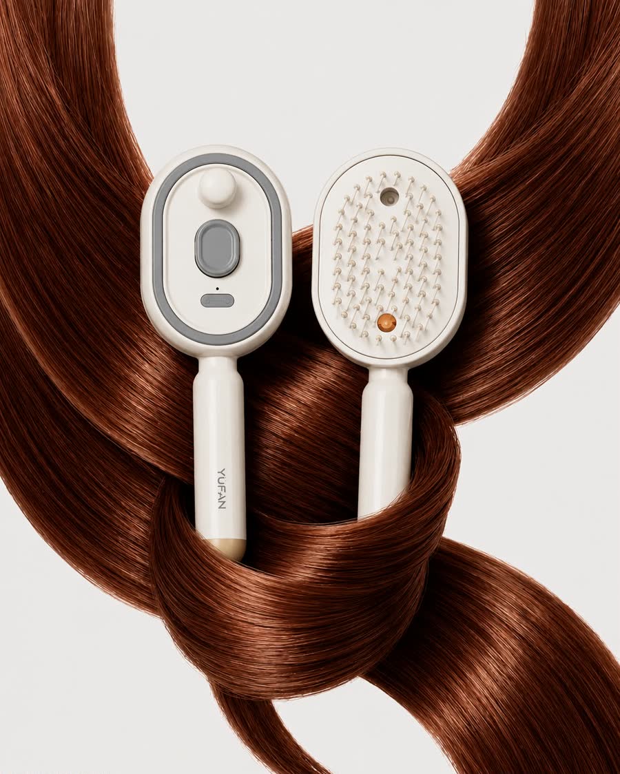 YUFAN hair straightener comb surrounded by flowing brown hair