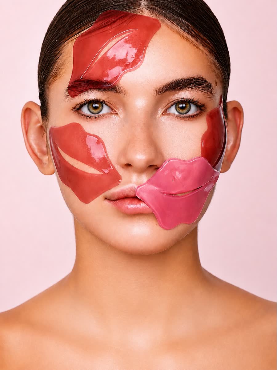 Model wearing pink and red gel lip masks on a soft pink background