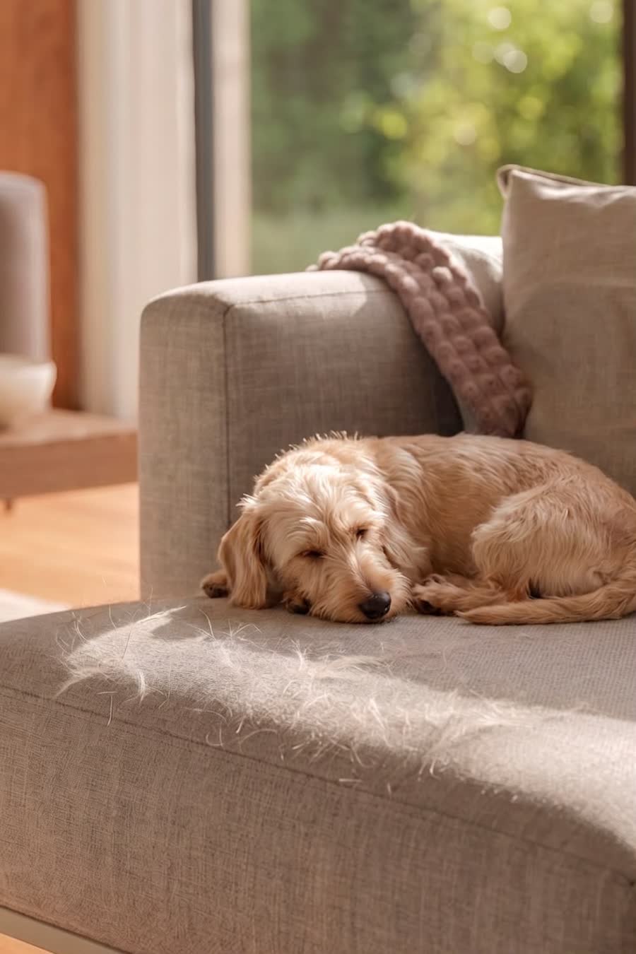 Golden dog sleeping on a sofa covered in loose pet hair